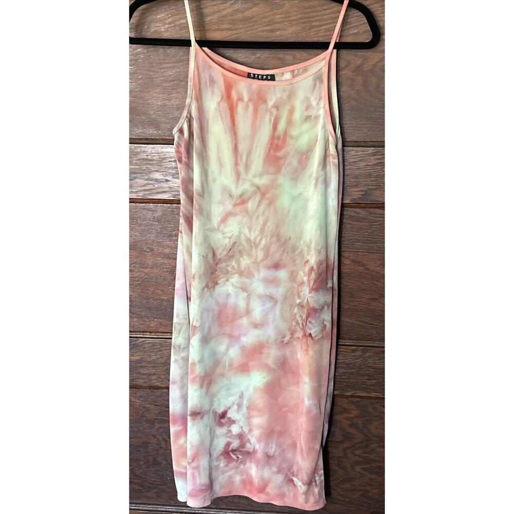 Vtg Y2K Steps Green Coral Pink Tie Dye Midi Slip Dress Sz M Sundress Grunge Punk